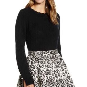 Rachel Parcell Black Sweater Scallop Neck Pearl Button Sleeve NWTs size large